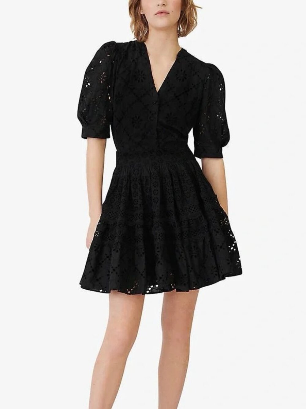Maje Black Eyelet Puff-Sleeve Mini Dress with Open Back Size 36